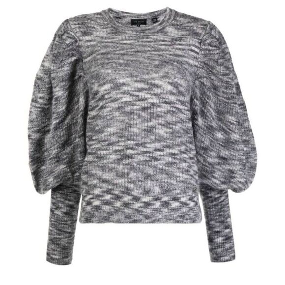 Ted Baker Valma marl-knit jumper puff sleeves gray Size M - Picture 1 of 10